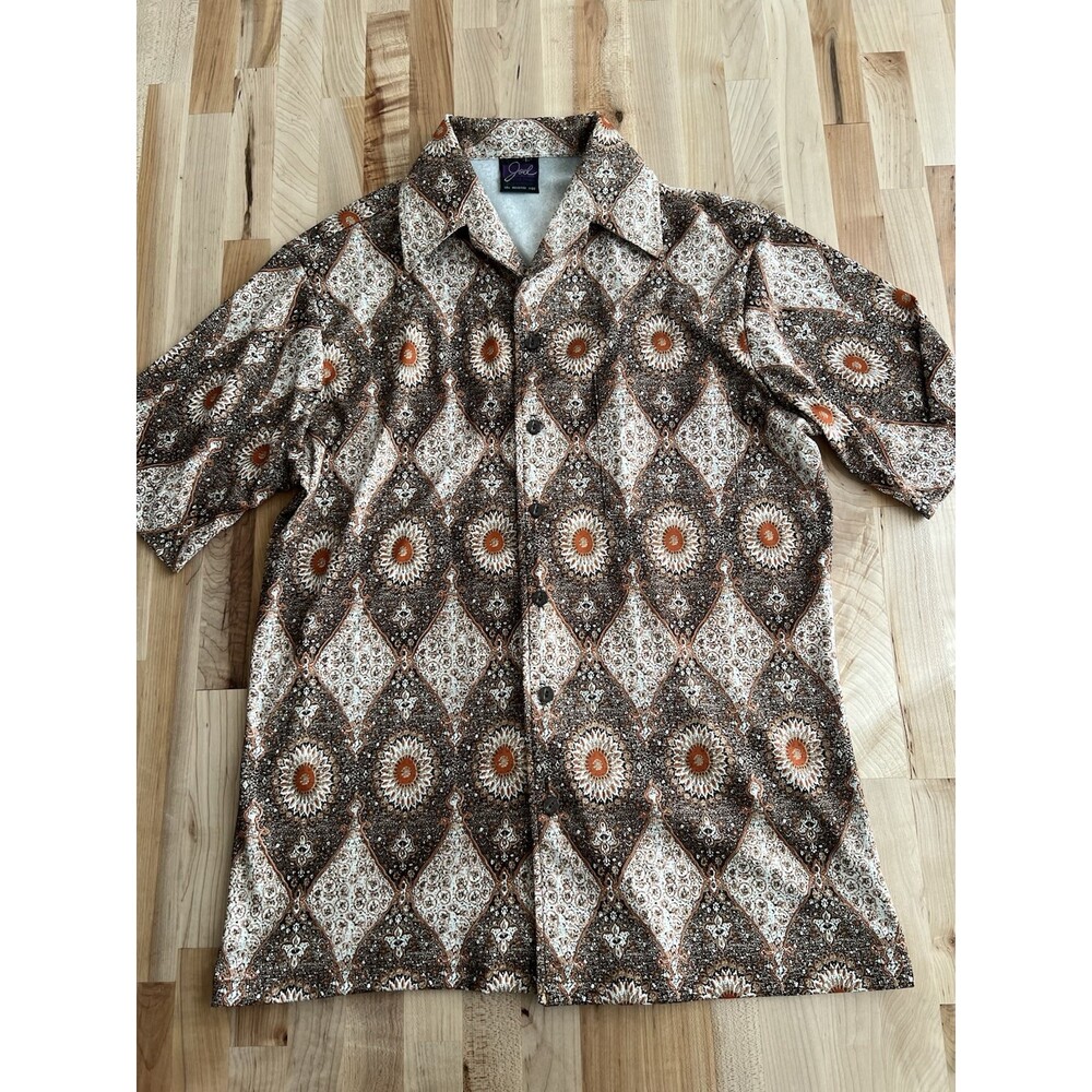 Vintage 70s JOEL Short Sleeve Button Up Disco Shirt Polyester Brown Orange M